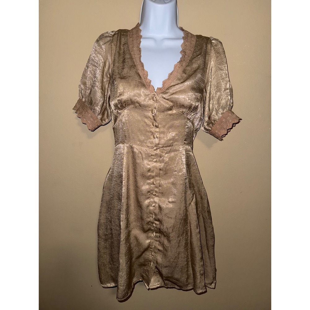 Champagne Gold Satin Lace Trim Puff Sleeve Pockets Victorian Mini Dress S Party